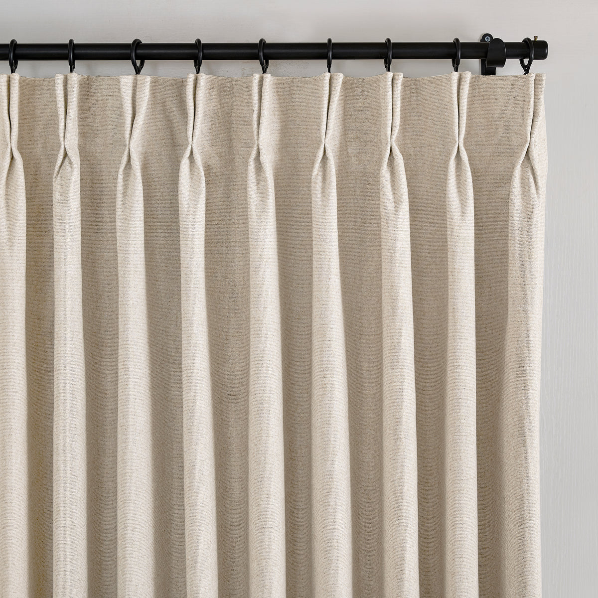 Fraser Wool-Blend Blackout Curtains in Oat, pleated header close up