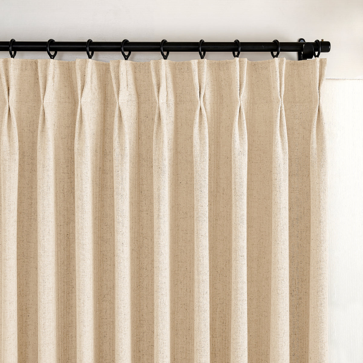 Ansel Slub Weave Curtains in Oat, pleated header close up