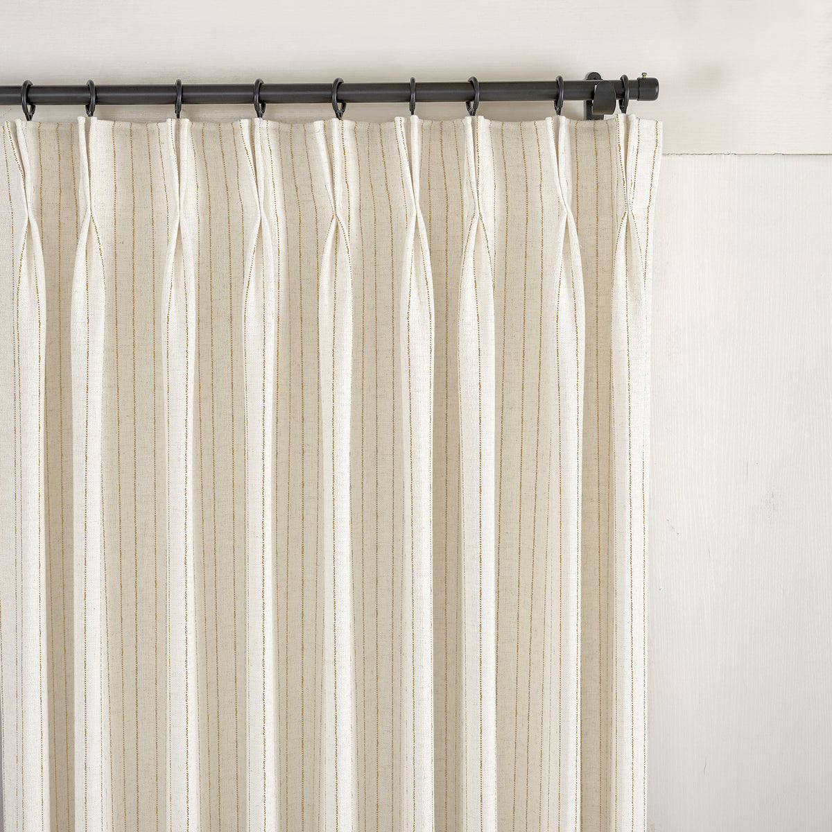 Ansel Pinstripe Weave Curtains in Chalk, pleated header close up