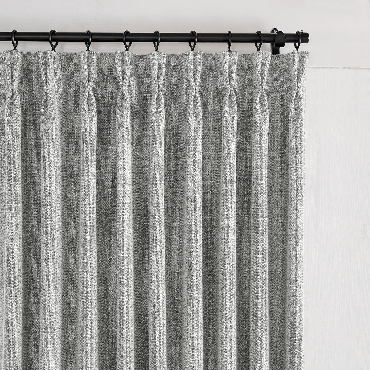 Kendall Basketweave Blackout Curtains in Pewter, pleated header close up