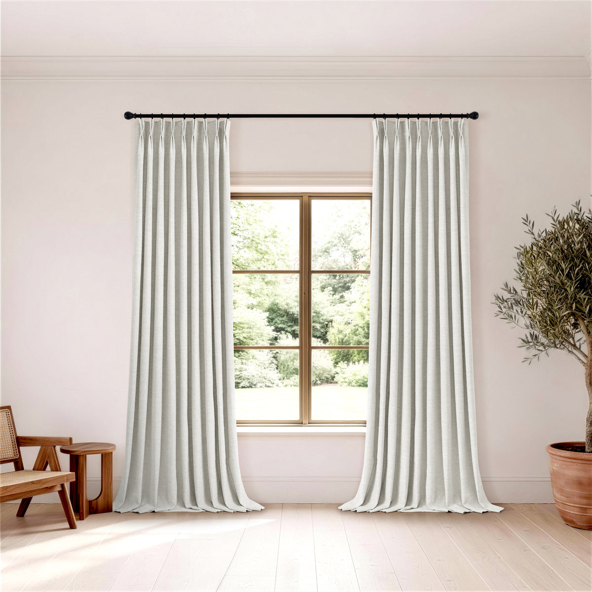 Pembroke Herringbone Weave Curtains in Cool Chalk, hanging in a room