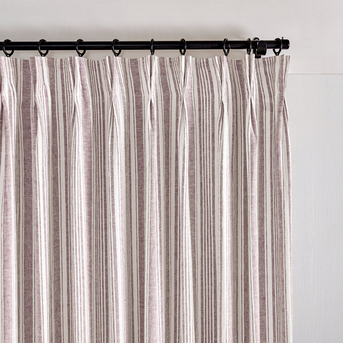 Carrick Striped Pure Linen Curtains in Mulberry Ticking, pleated header close up