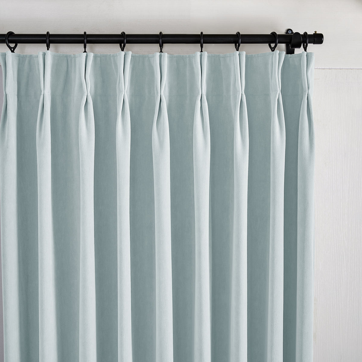 Genevieve Cloud-Soft Chenille Blackout Curtains in Dusty Blue, pleated header close up