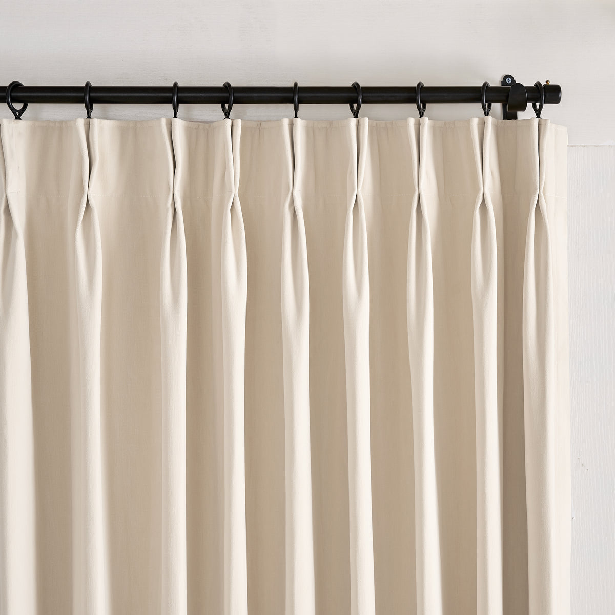Sebastian Double-Faced Velvet Blackout Curtains in Warm Ivory, pleated header close up