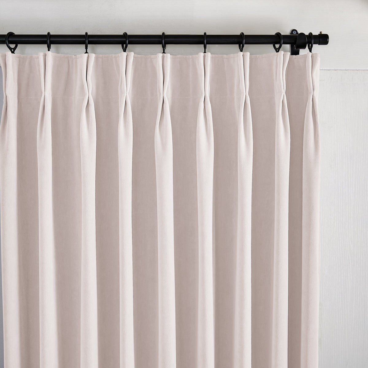 Genevieve Cloud-Soft Chenille Blackout Curtains in Cool Greige, pleated header close up