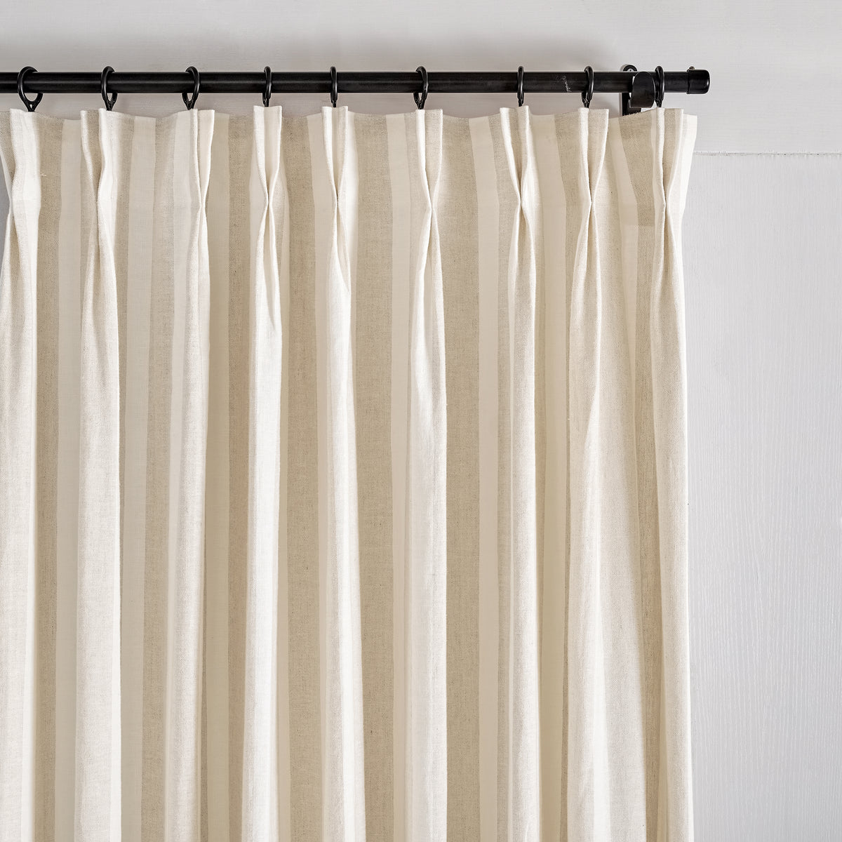 Carrick Striped Pure Linen Curtains in Flax Broad Stripe, pleated header close up