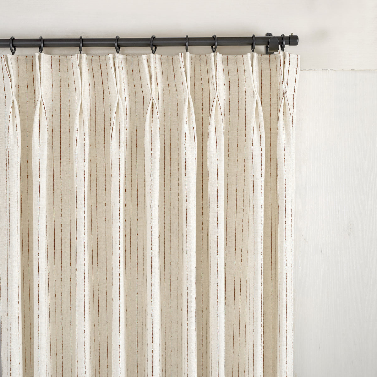 Ansel Pinstripe Weave Curtains in Ivory, pleated header close up