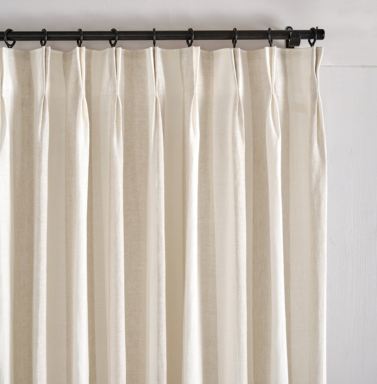 Carrick Striped Pure Linen Curtains in Flax Fine Check, pleated header close up