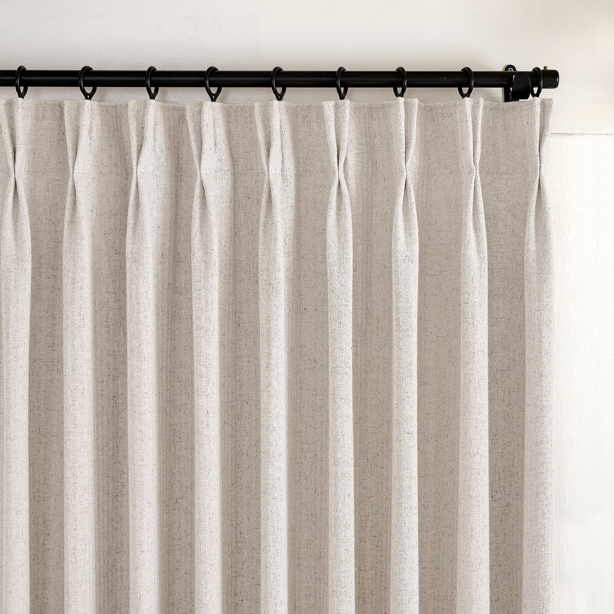 Ansel Slub Weave Curtains in Soft Greige, pleated header close up