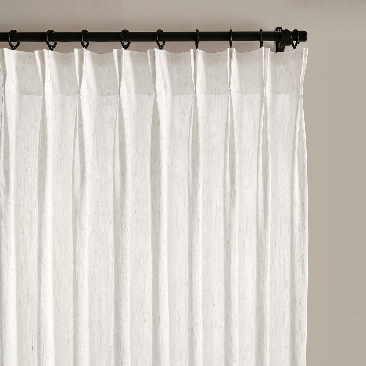 Odile Reed Sheer Curtains in White, pleated header close up
