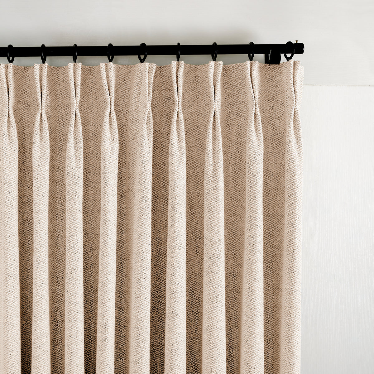 Pembroke Chevron Weave Curtains in Sand, pleated header close up