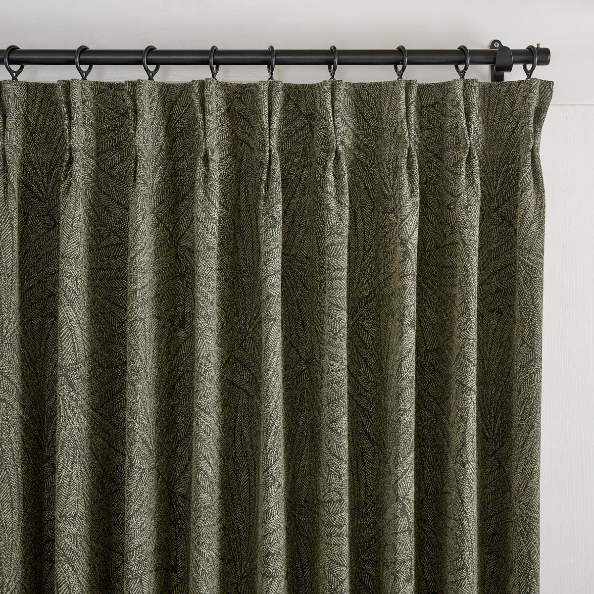 Bramwell Leaf Jacquard Blackout Curtains in Dark Olive, pleated header close up