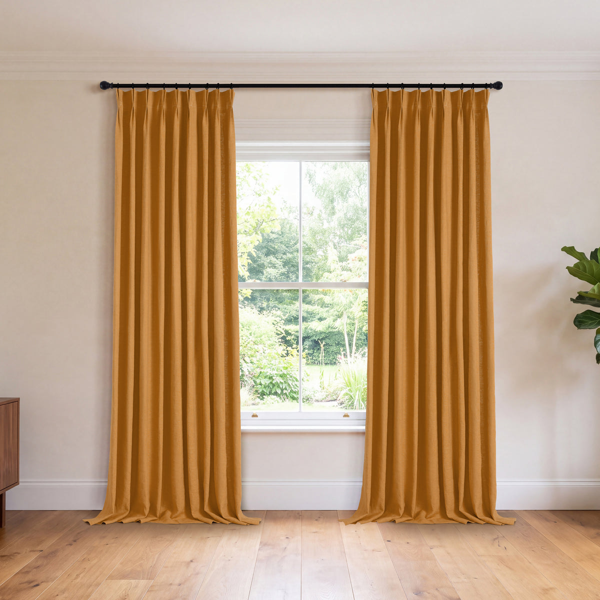 Ainsley Pure Linen Curtains in Terracotta, hanging in a room