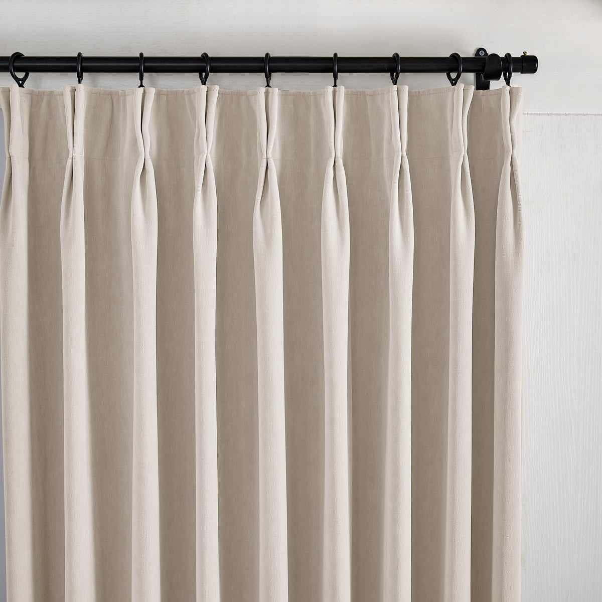 Genevieve Cloud-Soft Chenille Blackout Curtains in Greige, pleated header close up
