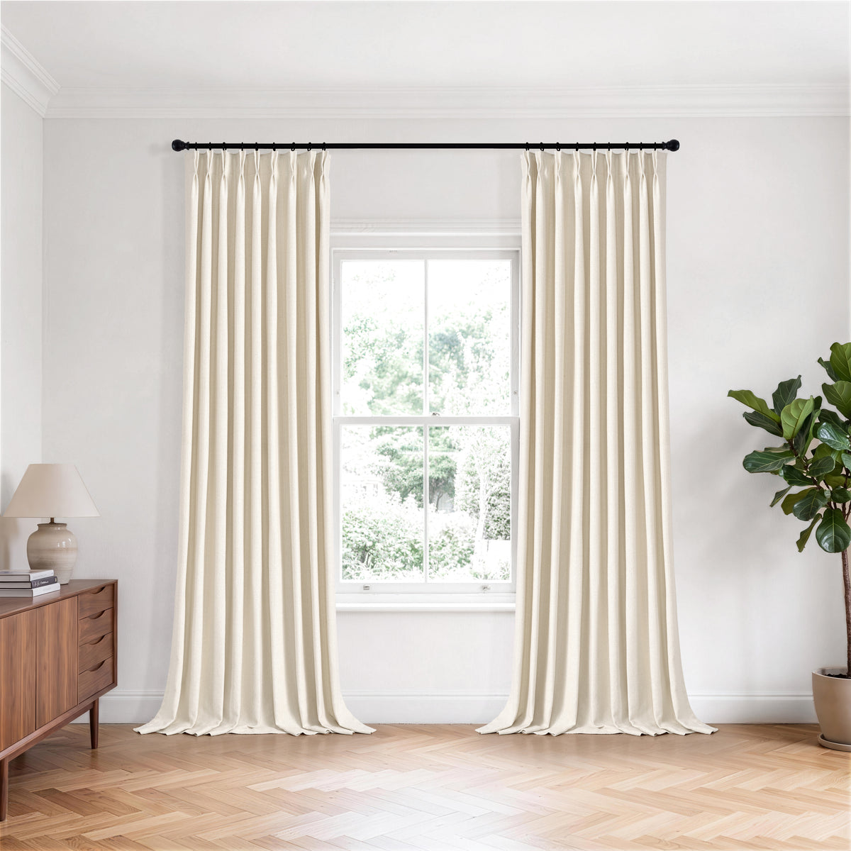 Pembroke Chevron Weave Curtains in Chalk, hanging in a room