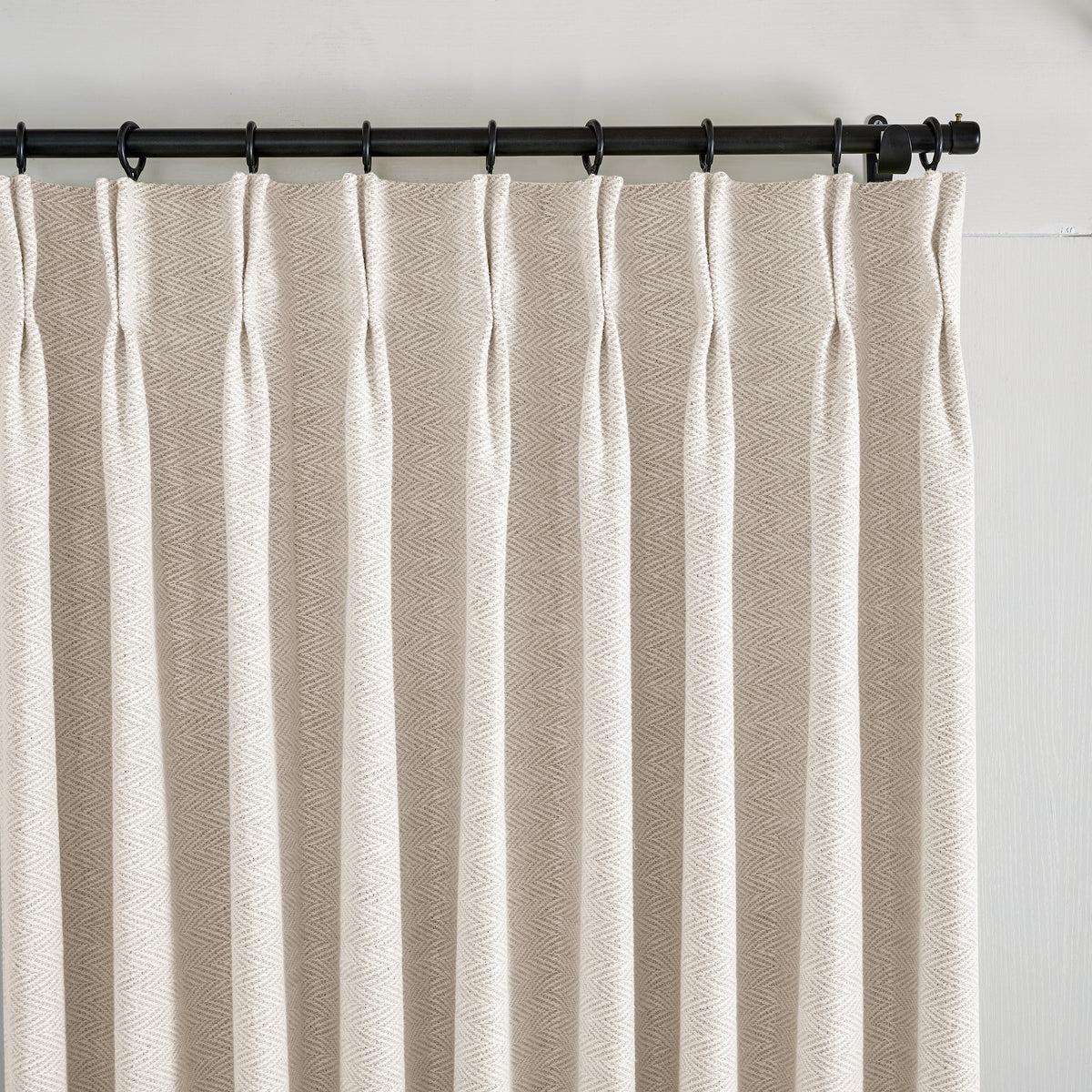Pembroke Herringbone Weave Curtains in Pale Greige, pleated header close up