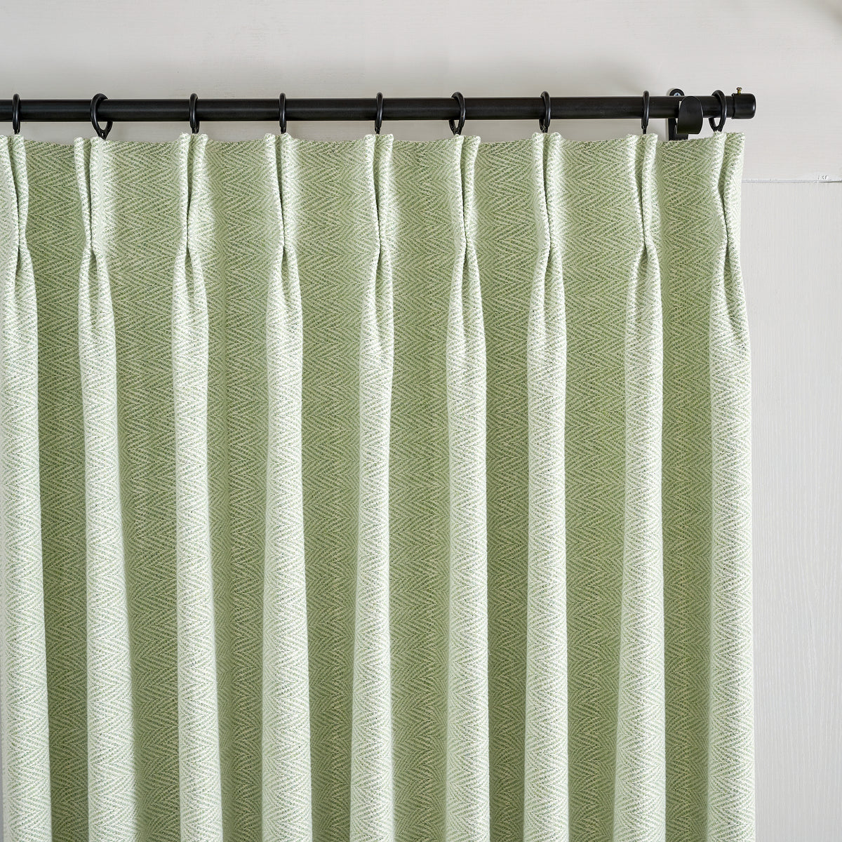 Pembroke Herringbone Weave Curtains in Pale Sage, pleated header close up