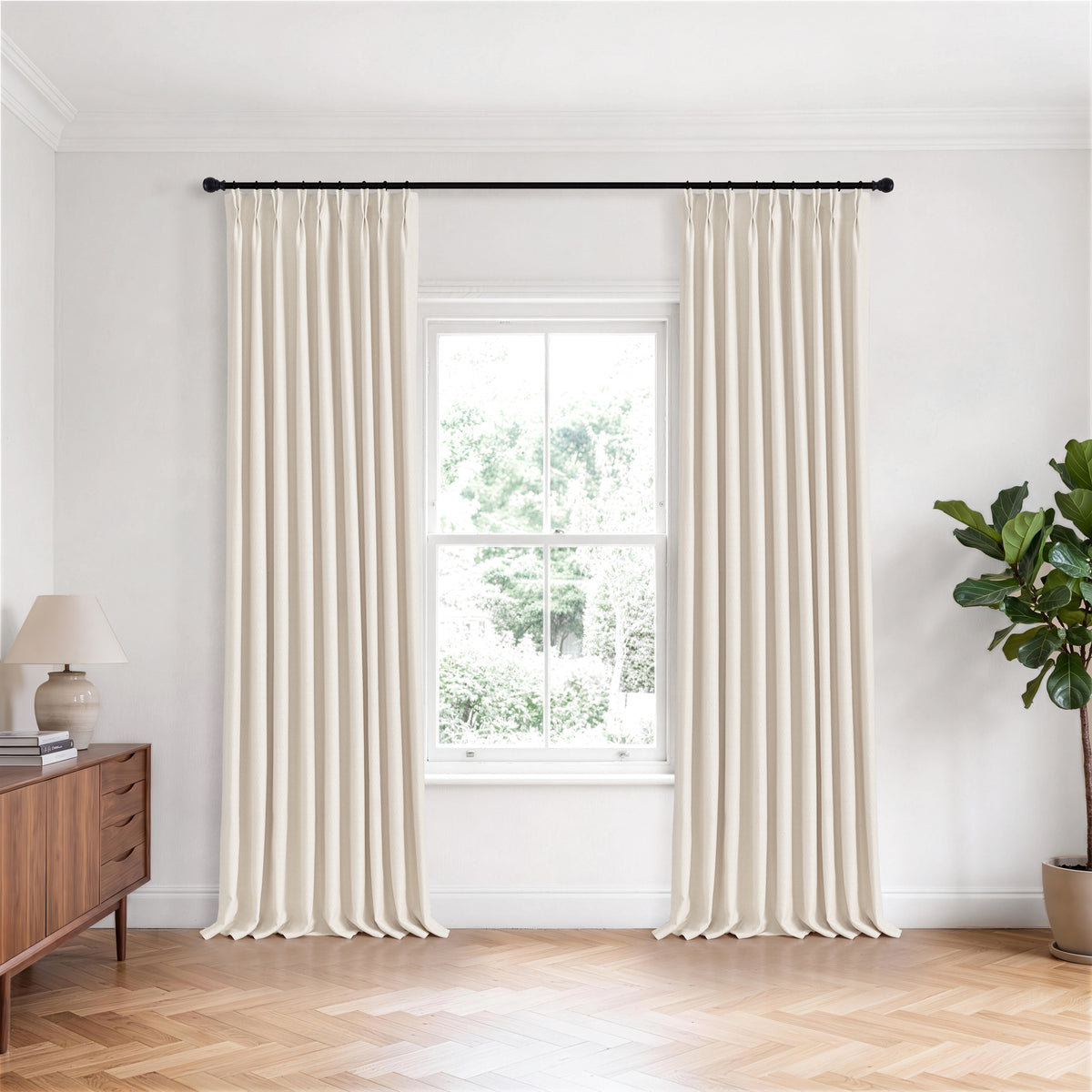 Pembroke Basket Weave Curtains in Oat, hanging in a room