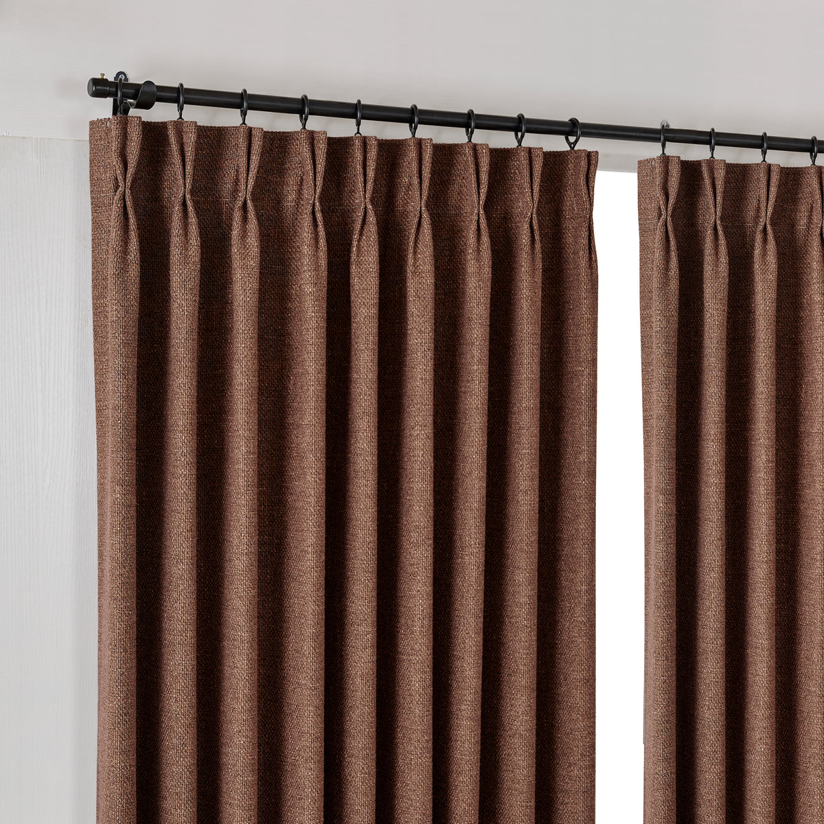 Kendall Basketweave Blackout Curtains in Cocoa, hanging at the window