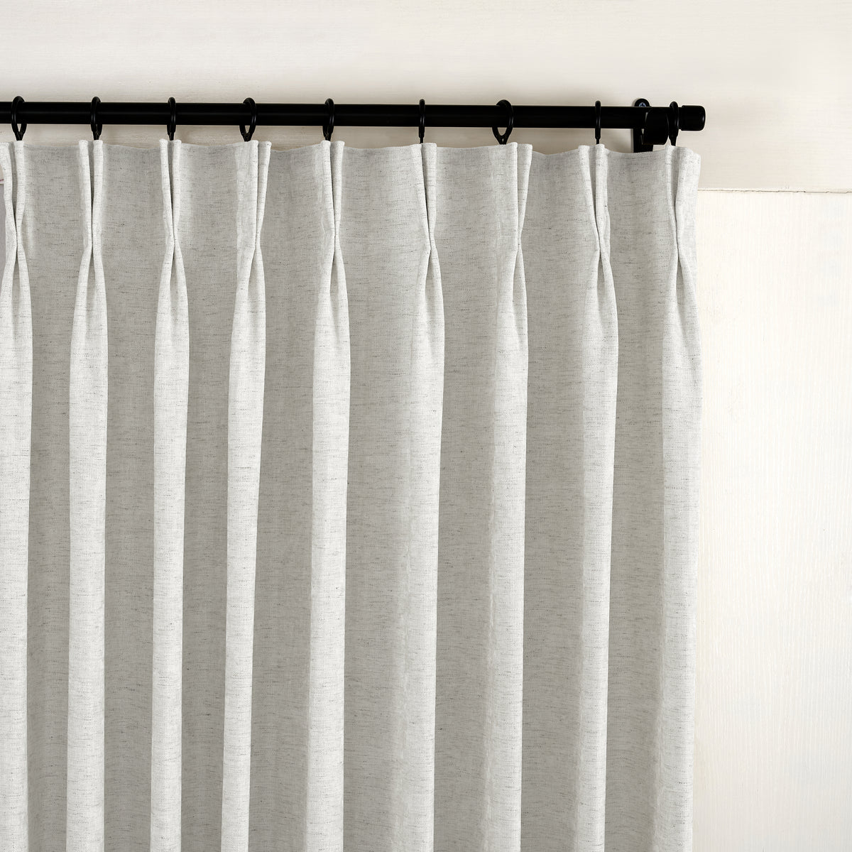 Prentiss Reversible Slub Curtains in Cool Greige, pleated header close up