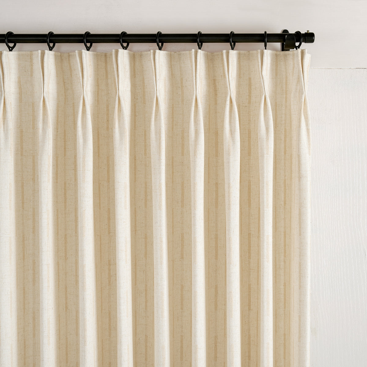 Ansel Dash Stripe Weave Curtains in Ivory, pleated header close up