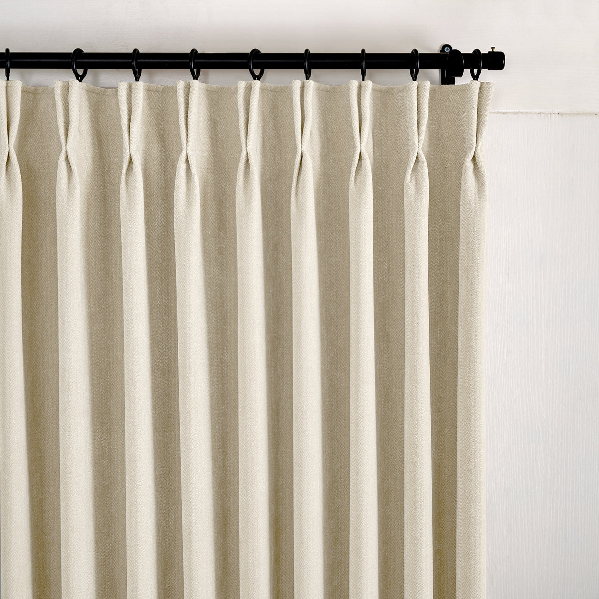 Hadleigh Herringbone Blackout Curtains in Ivory, pleated header close up