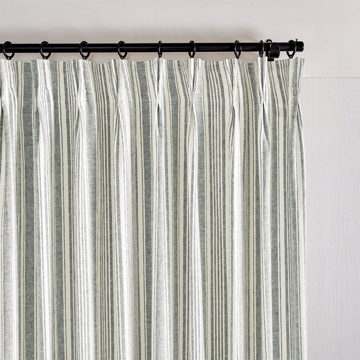Carrick Striped Pure Linen Curtains in Juniper Ticking, pleated header close up