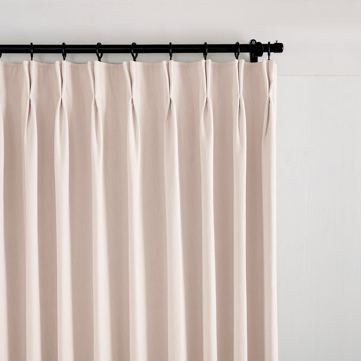 Cordelia Sculpted Chenille Blackout Curtains in Blush, pleated header close up