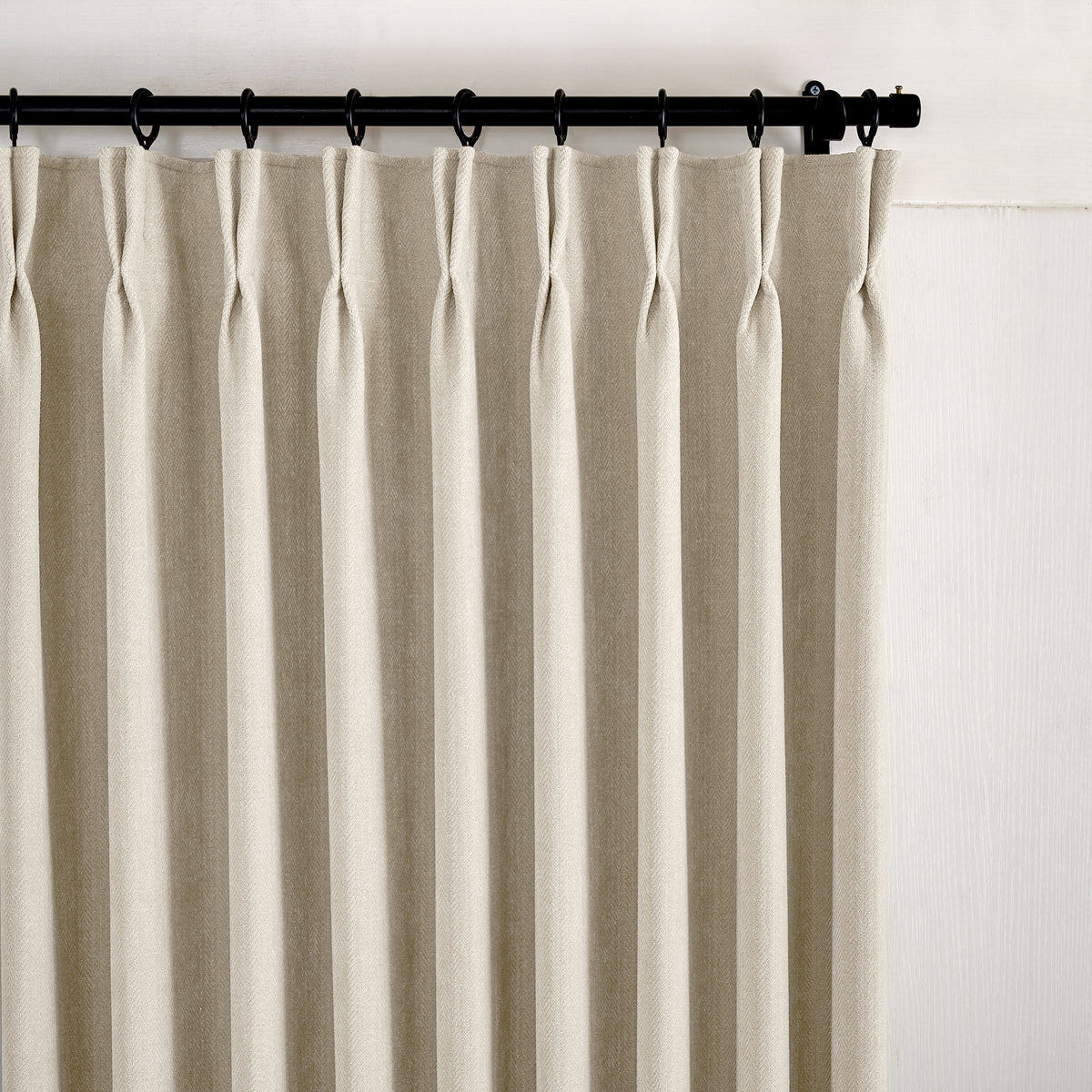 Hadleigh Herringbone Blackout Curtains in Greige, pleated header close up