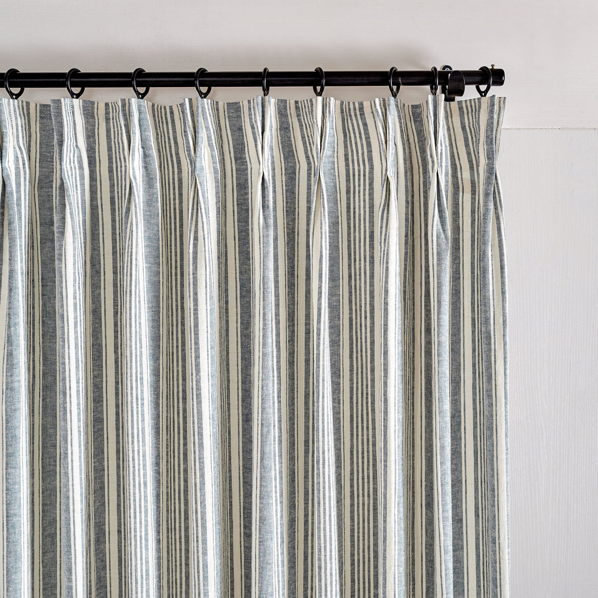 Carrick Striped Pure Linen Curtains in Indigo Ticking, pleated header close up