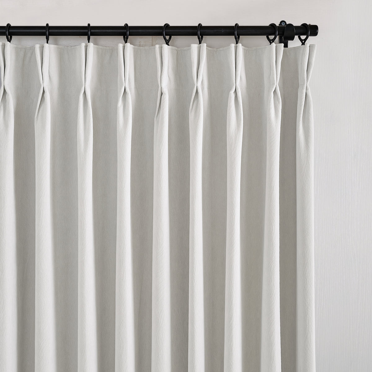 Ottilie Plush Chenille Blackout Curtains in Chalk, pleated header close up