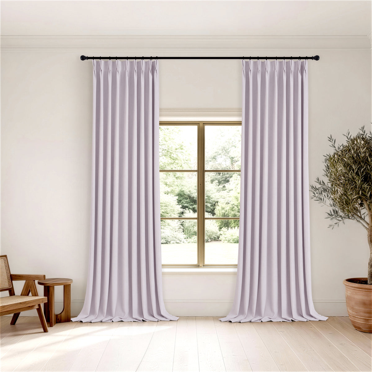 Ottilie Plush Chenille Blackout Curtains in Lilac, hanging in a room