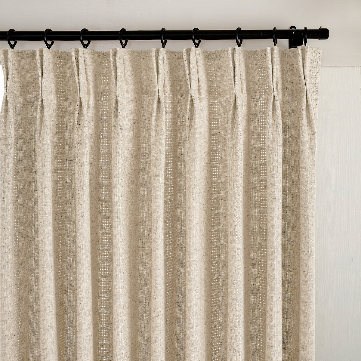 Ansel Eyelet Weave Curtains in Warm Greige, pleated header close up