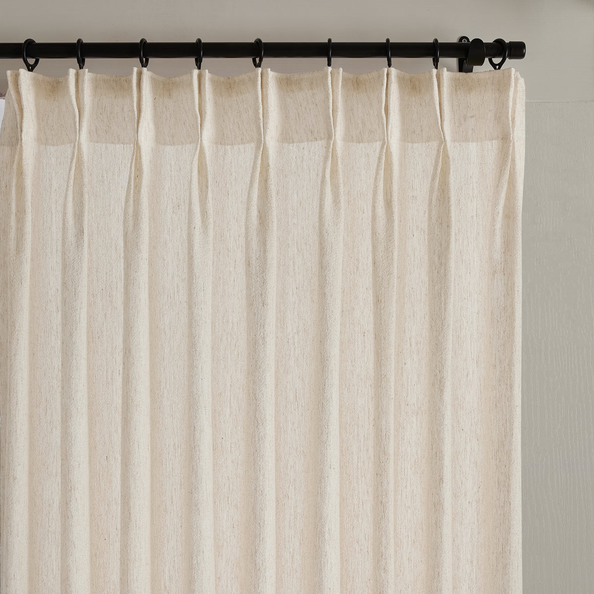 Noemi Open-Weave Sheer Curtains in Greige, pleated header close up