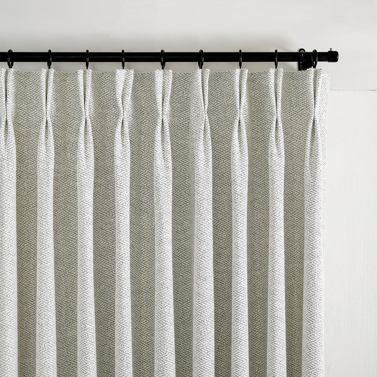 Pembroke Chevron Weave Curtains in Pewter, pleated header close up