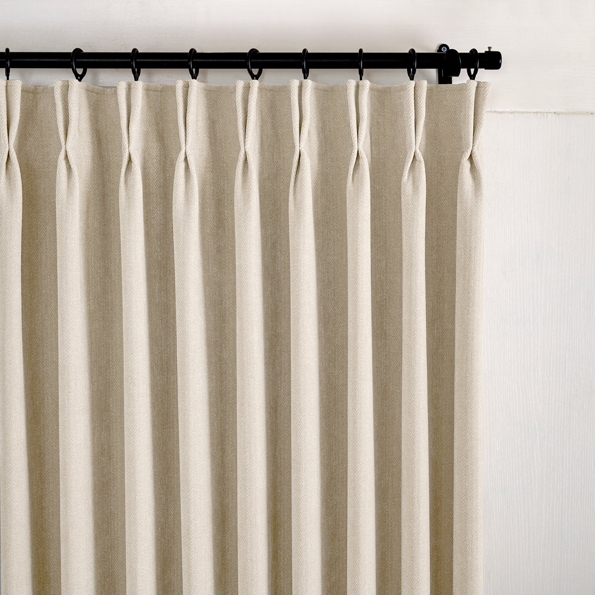 Hadleigh Herringbone Blackout Curtains in Oat, pleated header close up