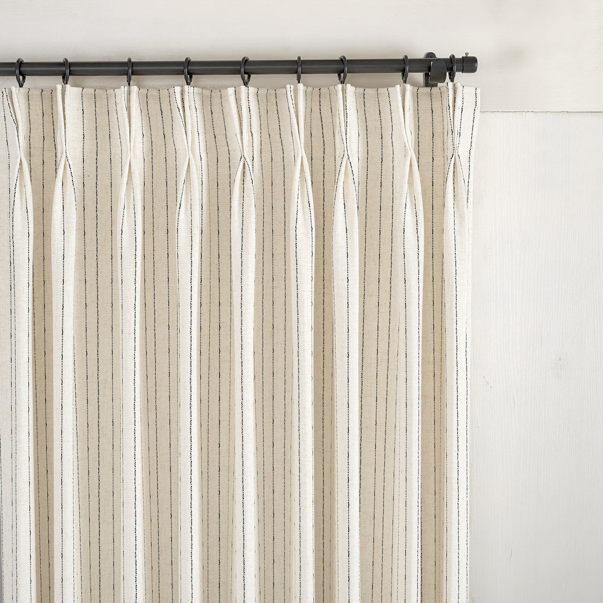 Ansel Pinstripe Weave Curtains in Warm Chalk, pleated header close up