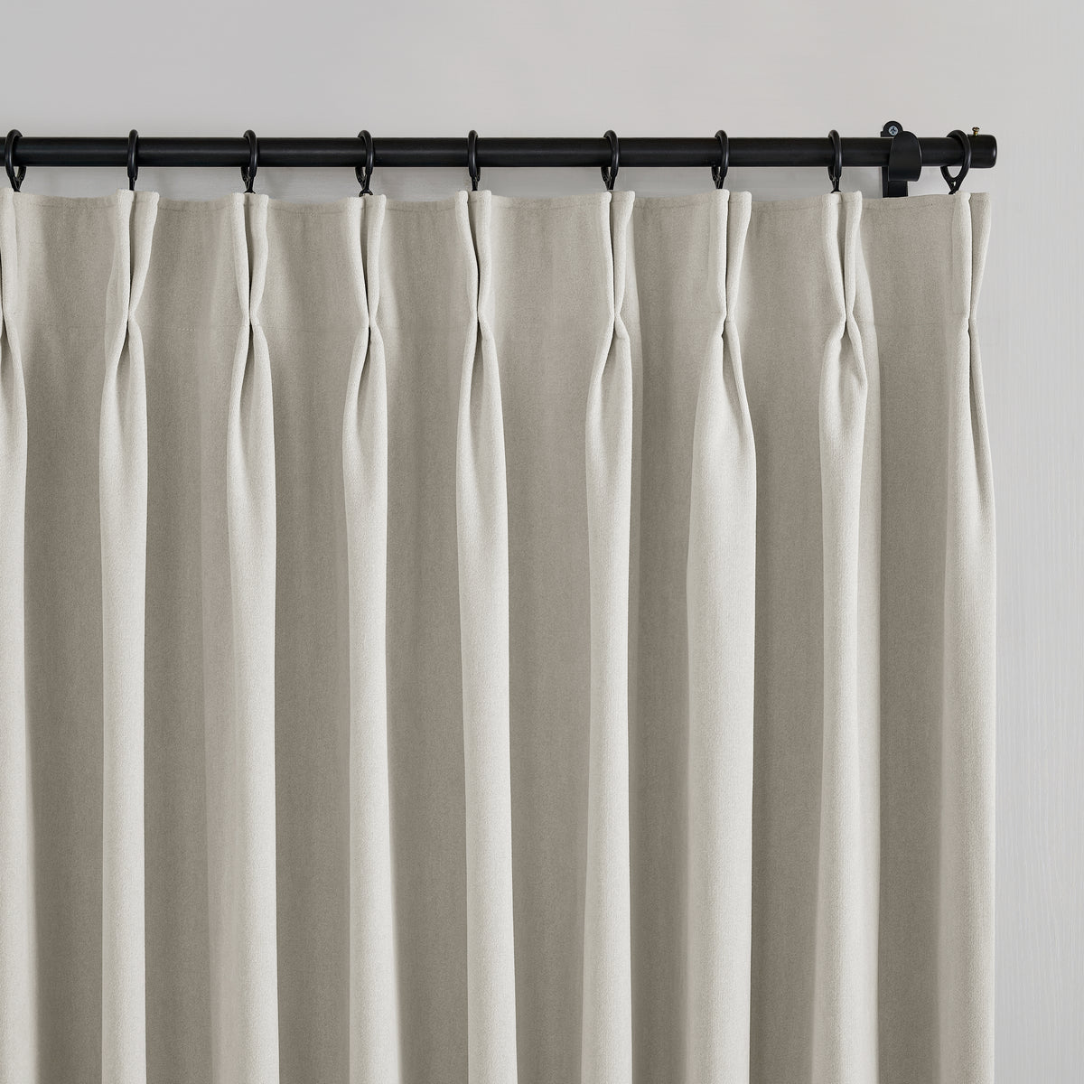 Ingram Brushed Weave Blackout Curtains in Greige, pleated header close up