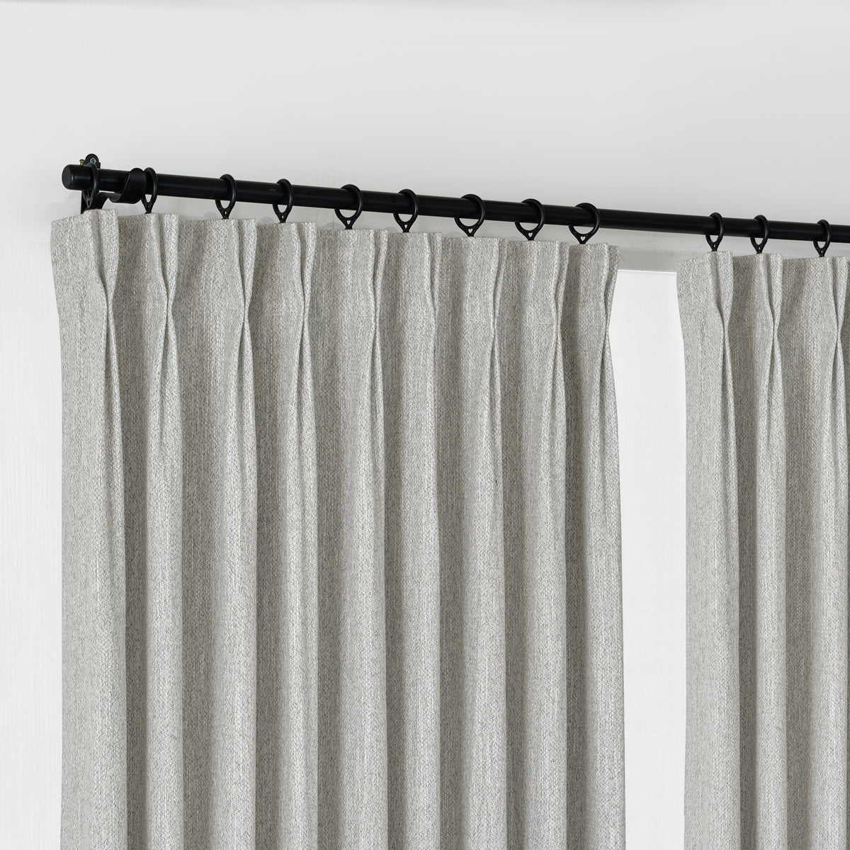 Laurence Heathered Weave Curtains in Ash, hanging at the window