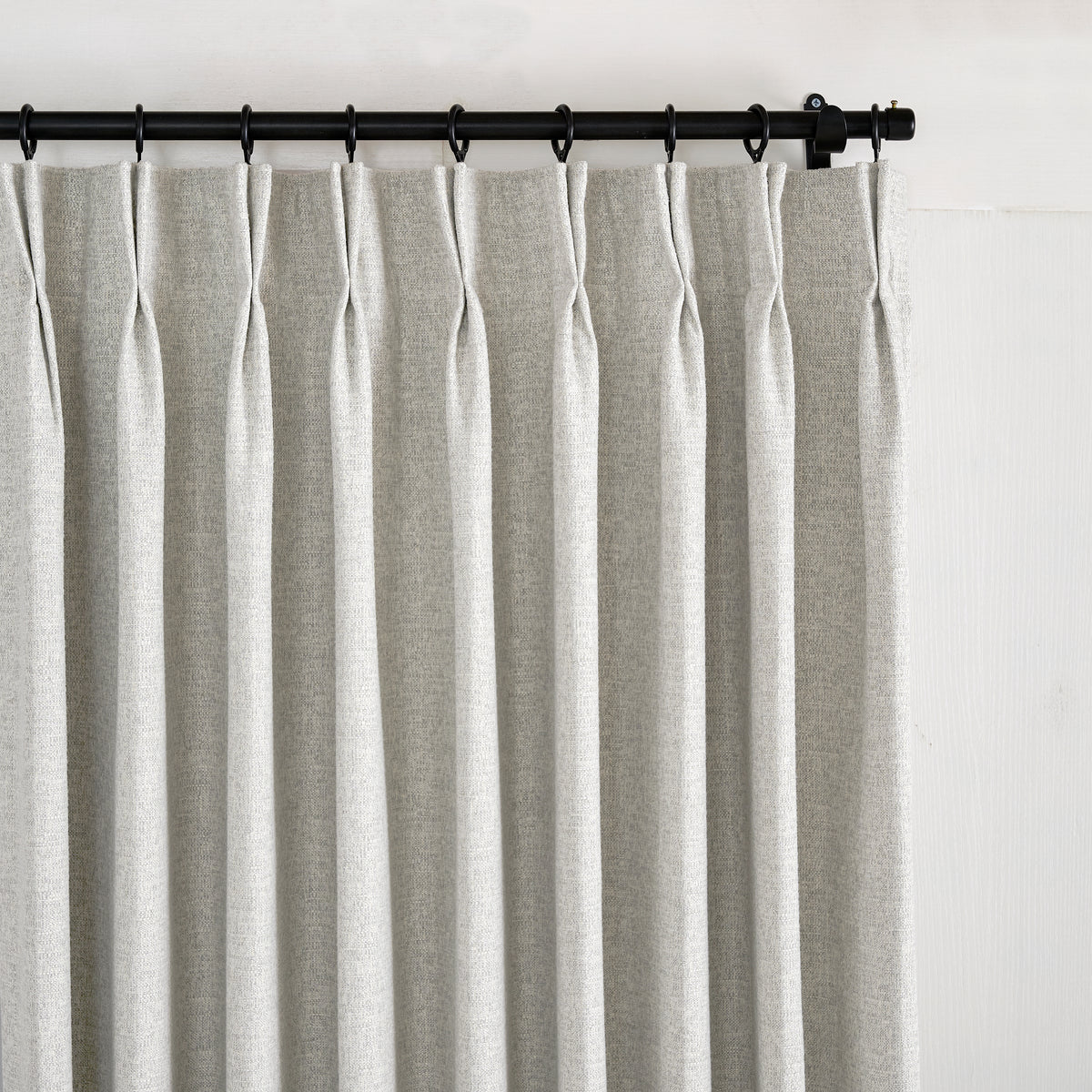 Everett Yarn-Dyed Jacquard Blackout Curtains in Greige, pleated header close up