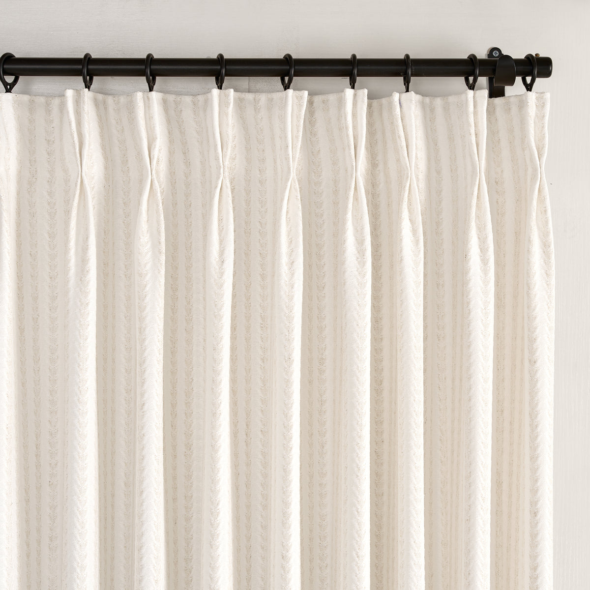 Fenimore Feather Stripe Weave Curtains in Natural, pleated header close up