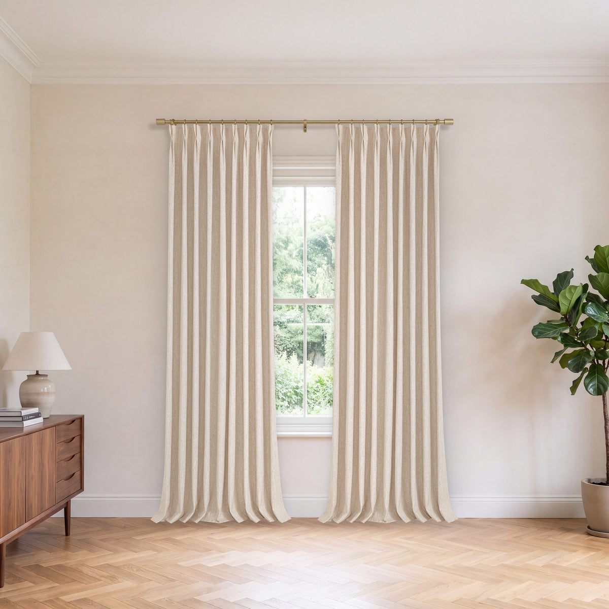 Laurence Heathered Weave Curtains in Sand, hanging in a room