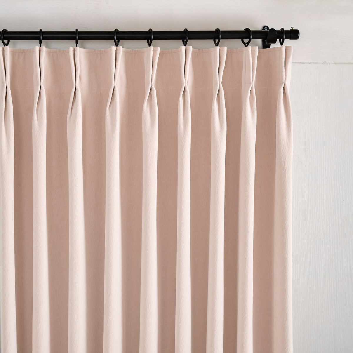 Ottilie Plush Chenille Blackout Curtains in Blush, pleated header close up