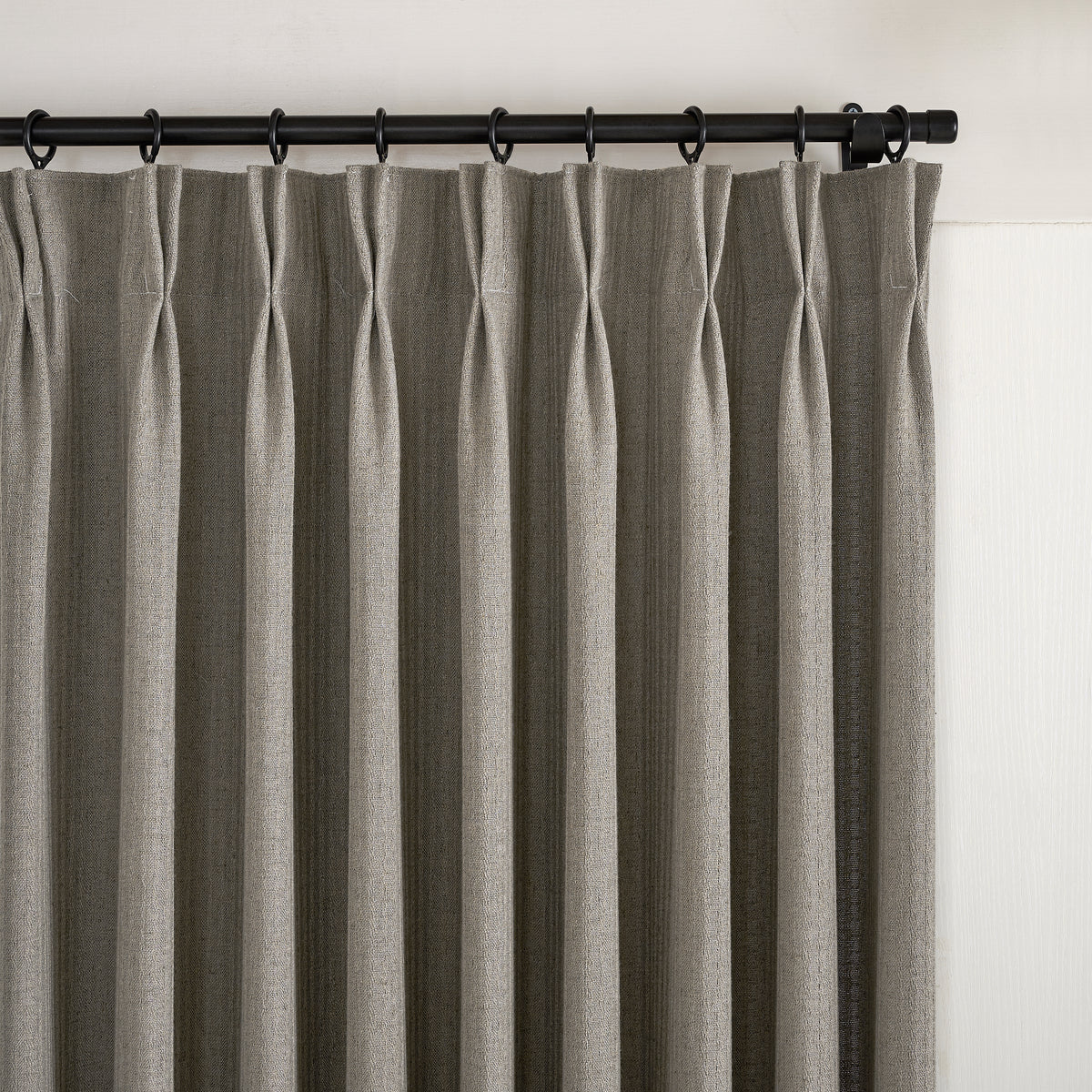 Ansel Slub Weave Curtains in Charcoal, pleated header close up
