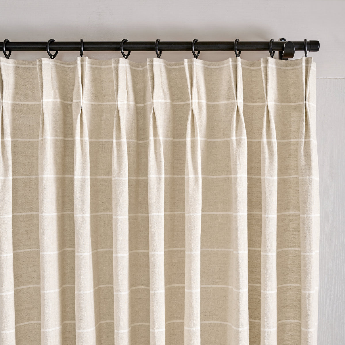Carrick Striped Pure Linen Curtains in Flax Solid, pleated header close up