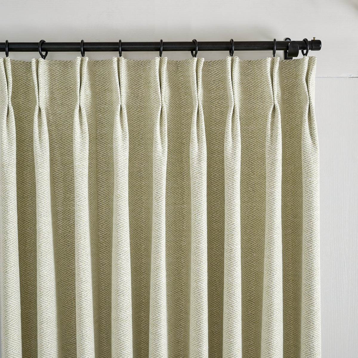 Pembroke Herringbone Weave Curtains in Pale Olive, pleated header close up