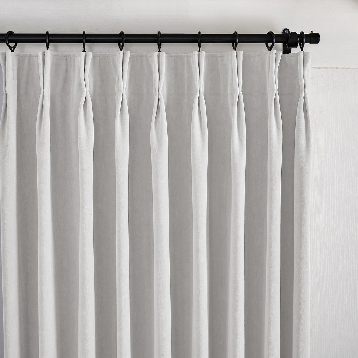 Genevieve Cloud-Soft Chenille Blackout Curtains in Chalk, pleated header close up
