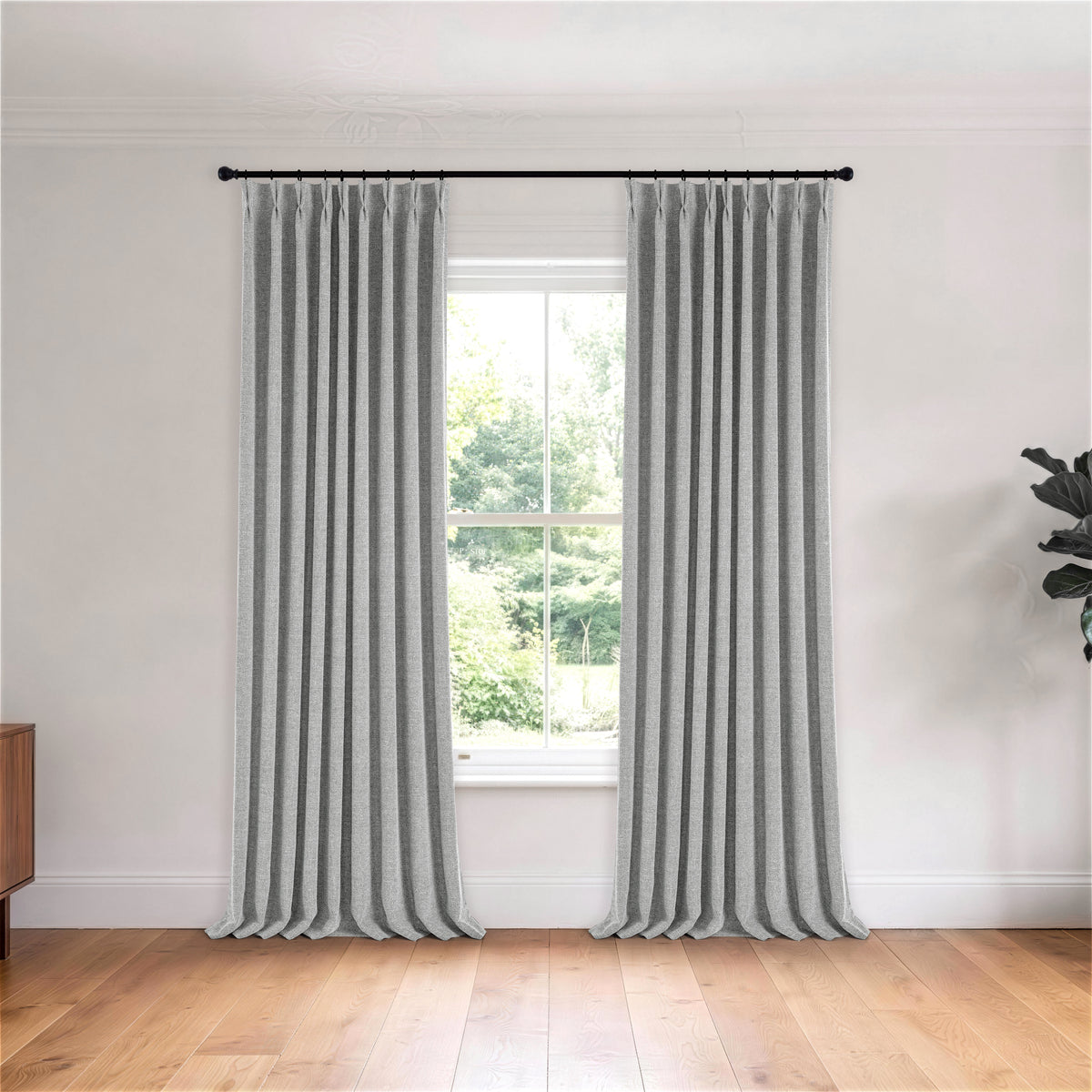 Kendall Basketweave Blackout Curtains in Pewter, hanging in a room