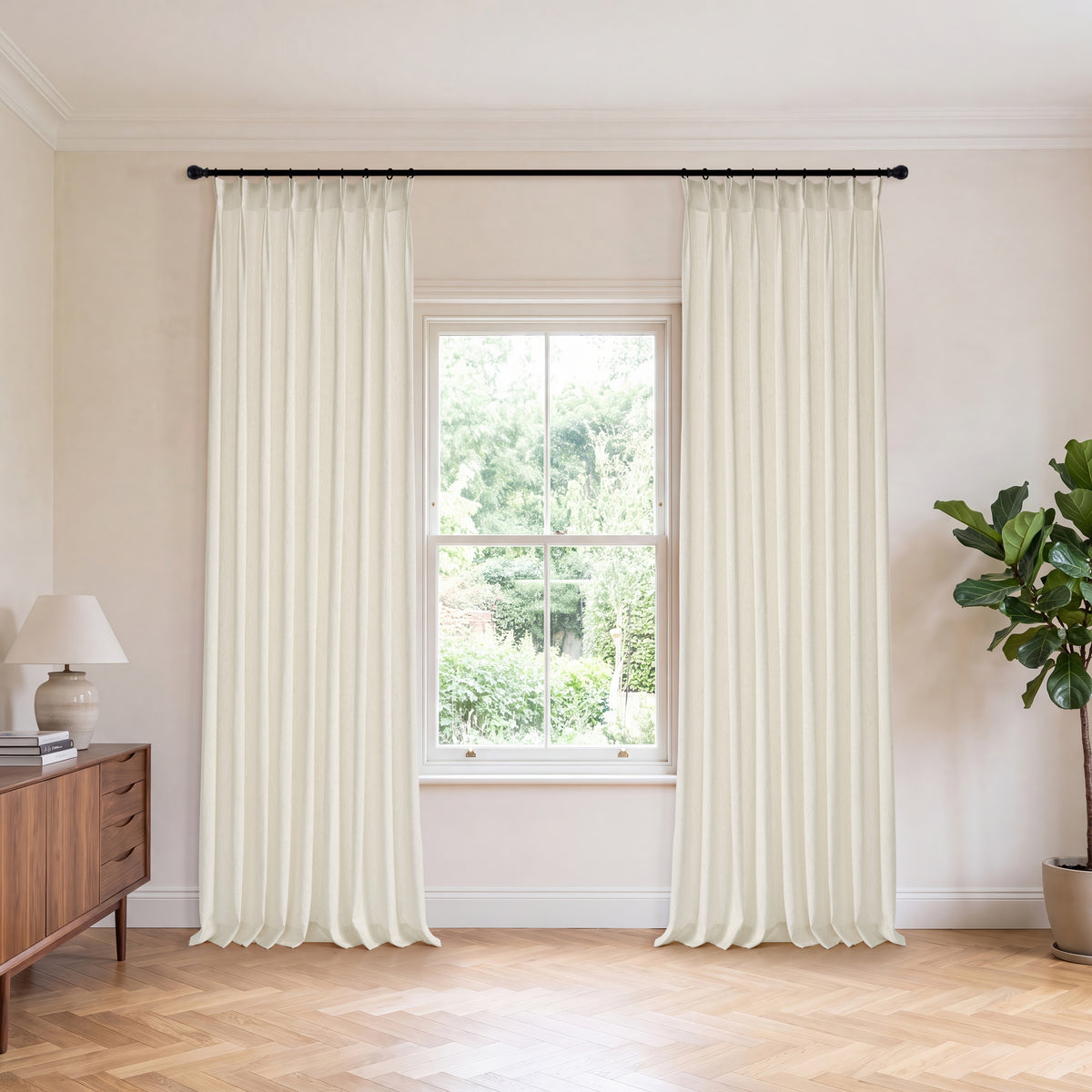 Odile Reed Sheer Curtains in Beige, hanging in a room