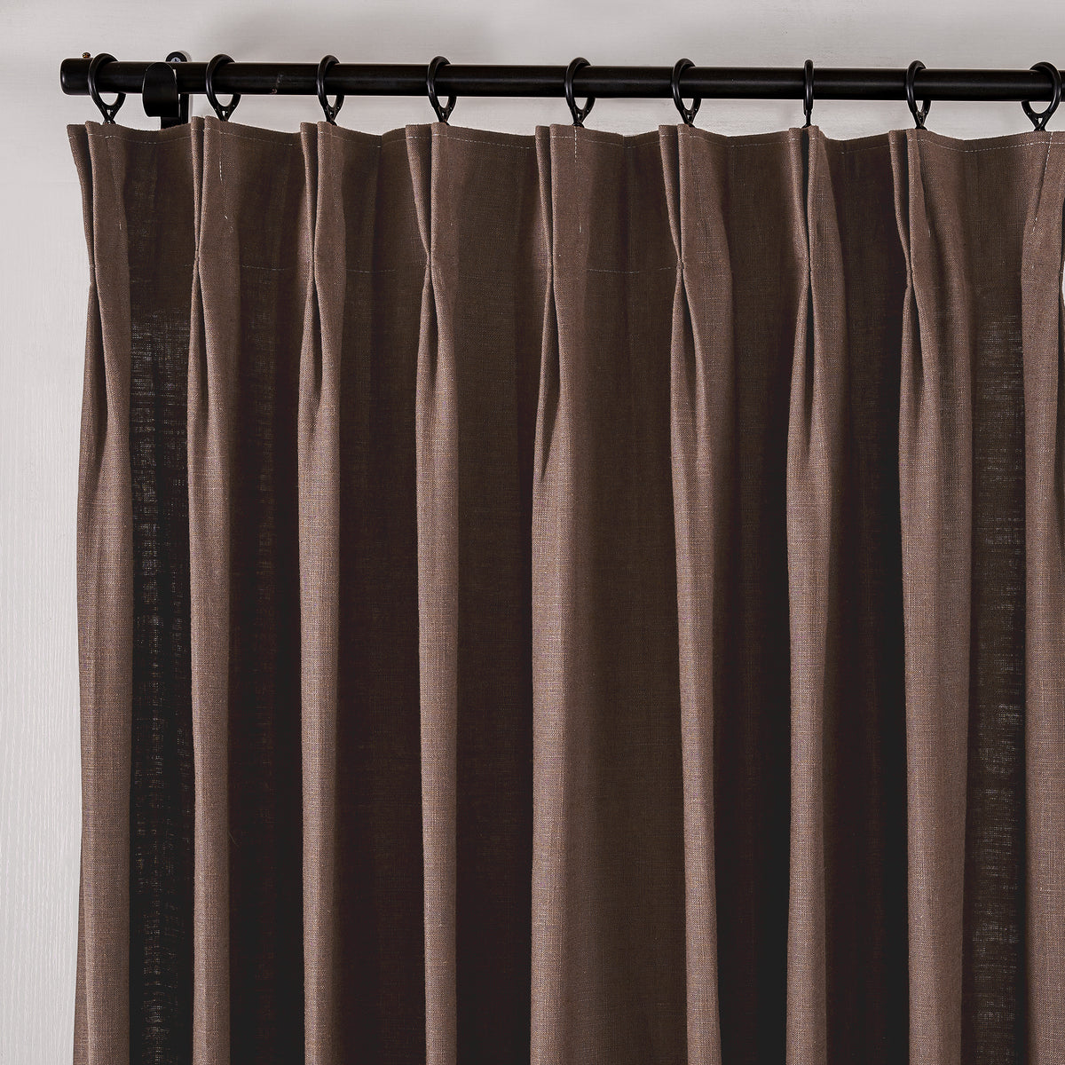 Edwina Linen-Cotton Curtains in Espresso, pleated header close up